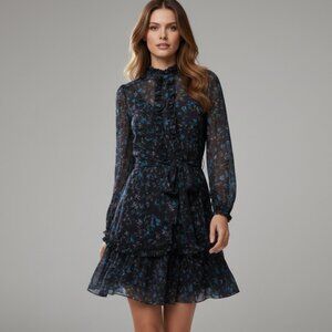 Dorothee Schumacher Dress Size XS Blue Floral Sheer VIscose Long Sleeve Ruffle